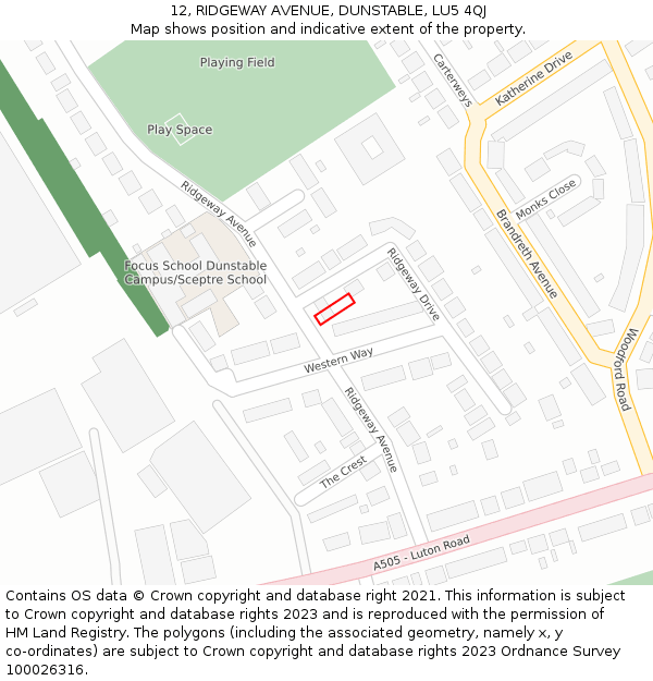 12, RIDGEWAY AVENUE, DUNSTABLE, LU5 4QJ: Location map and indicative extent of plot