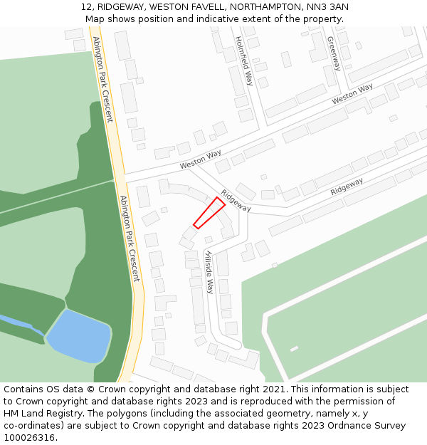 12, RIDGEWAY, WESTON FAVELL, NORTHAMPTON, NN3 3AN: Location map and indicative extent of plot