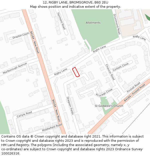 12, RIGBY LANE, BROMSGROVE, B60 2EU: Location map and indicative extent of plot