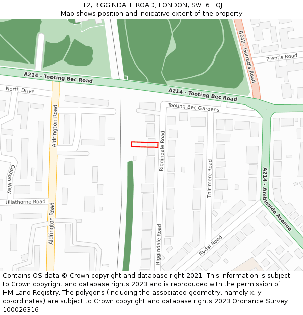 12, RIGGINDALE ROAD, LONDON, SW16 1QJ: Location map and indicative extent of plot