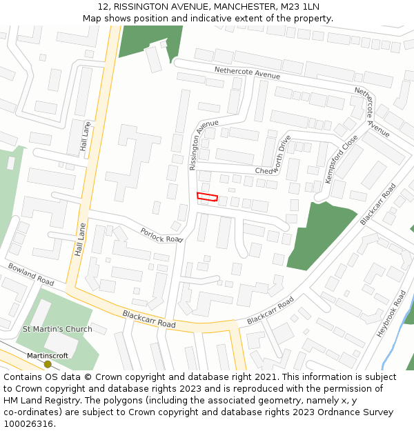 12, RISSINGTON AVENUE, MANCHESTER, M23 1LN: Location map and indicative extent of plot