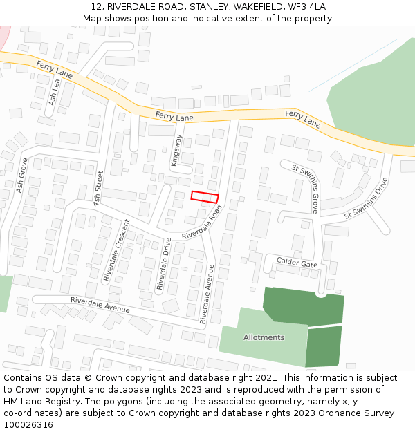 12, RIVERDALE ROAD, STANLEY, WAKEFIELD, WF3 4LA: Location map and indicative extent of plot