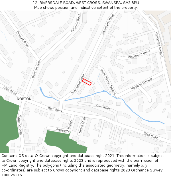 12, RIVERSDALE ROAD, WEST CROSS, SWANSEA, SA3 5PU: Location map and indicative extent of plot