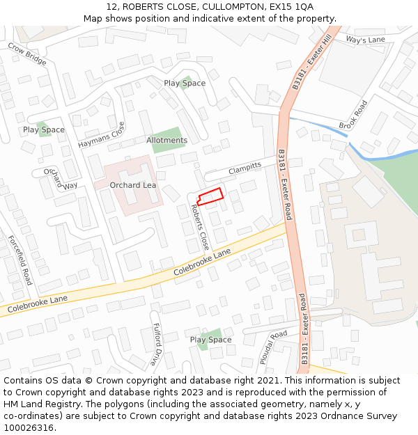 12, ROBERTS CLOSE, CULLOMPTON, EX15 1QA: Location map and indicative extent of plot