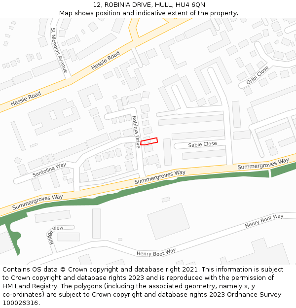 12, ROBINIA DRIVE, HULL, HU4 6QN: Location map and indicative extent of plot