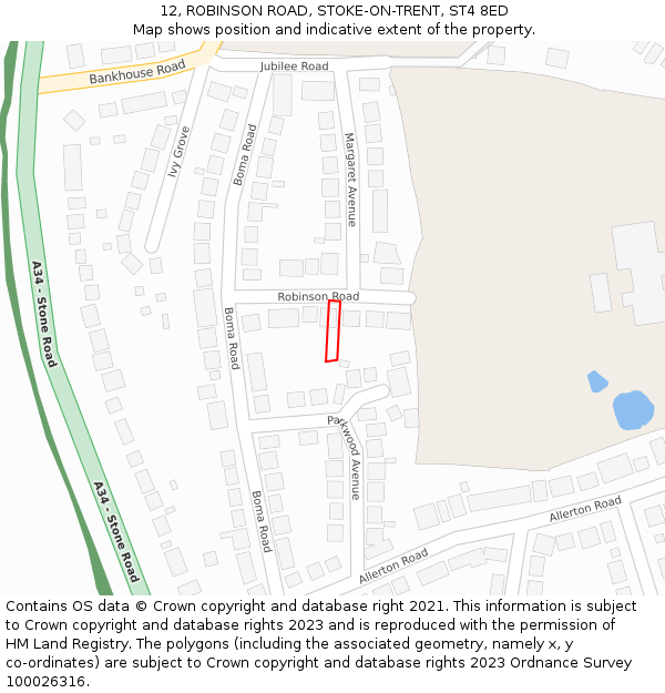 12, ROBINSON ROAD, STOKE-ON-TRENT, ST4 8ED: Location map and indicative extent of plot