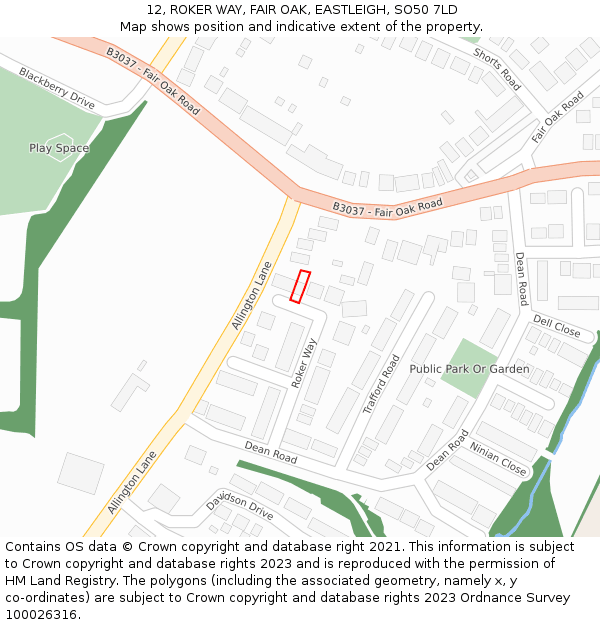 12, ROKER WAY, FAIR OAK, EASTLEIGH, SO50 7LD: Location map and indicative extent of plot