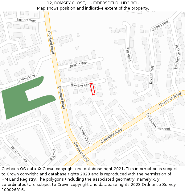 12, ROMSEY CLOSE, HUDDERSFIELD, HD3 3GU: Location map and indicative extent of plot