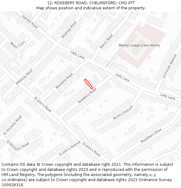 12, ROSEBERY ROAD, CHELMSFORD, CM2 0TT: Location map and indicative extent of plot