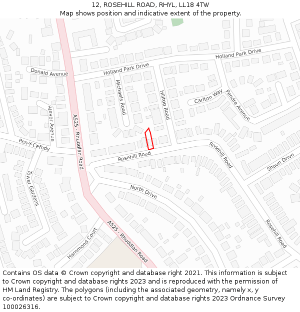 12, ROSEHILL ROAD, RHYL, LL18 4TW: Location map and indicative extent of plot