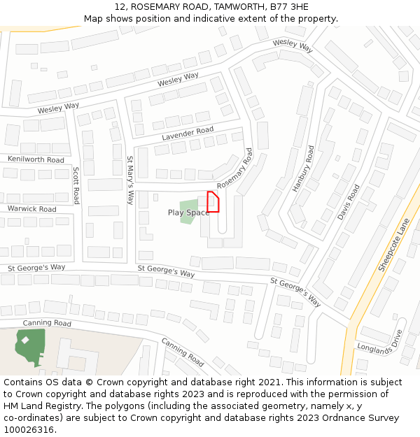 12, ROSEMARY ROAD, TAMWORTH, B77 3HE: Location map and indicative extent of plot