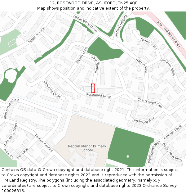 12, ROSEWOOD DRIVE, ASHFORD, TN25 4QF: Location map and indicative extent of plot