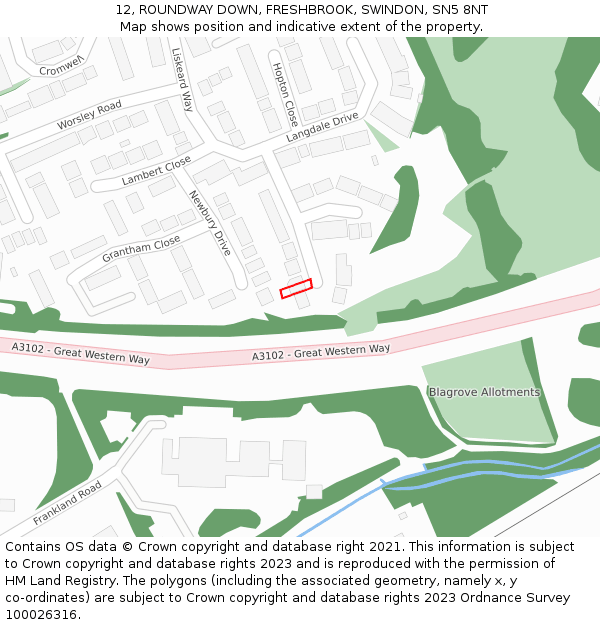 12, ROUNDWAY DOWN, FRESHBROOK, SWINDON, SN5 8NT: Location map and indicative extent of plot