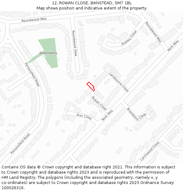 12, ROWAN CLOSE, BANSTEAD, SM7 1BL: Location map and indicative extent of plot