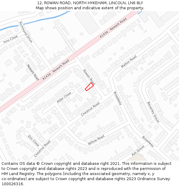 12, ROWAN ROAD, NORTH HYKEHAM, LINCOLN, LN6 8LY: Location map and indicative extent of plot