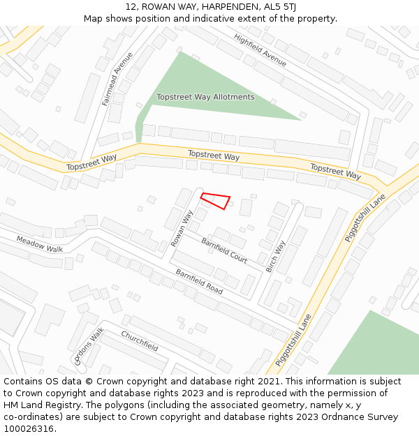 12, ROWAN WAY, HARPENDEN, AL5 5TJ: Location map and indicative extent of plot