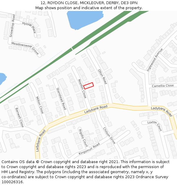 12, ROYDON CLOSE, MICKLEOVER, DERBY, DE3 0PN: Location map and indicative extent of plot
