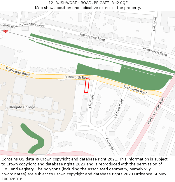 12, RUSHWORTH ROAD, REIGATE, RH2 0QE: Location map and indicative extent of plot
