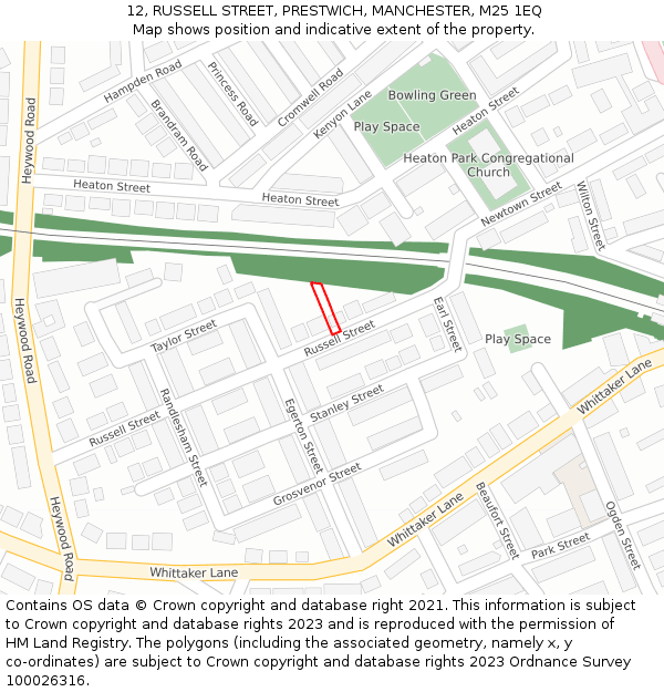 12, RUSSELL STREET, PRESTWICH, MANCHESTER, M25 1EQ: Location map and indicative extent of plot