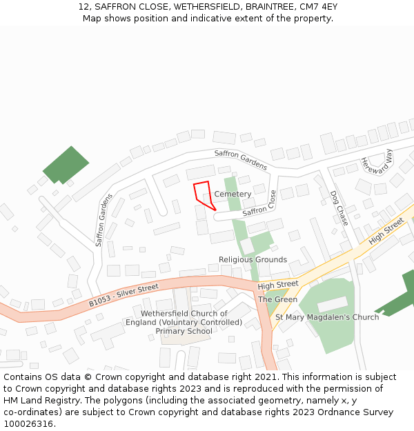 12, SAFFRON CLOSE, WETHERSFIELD, BRAINTREE, CM7 4EY: Location map and indicative extent of plot