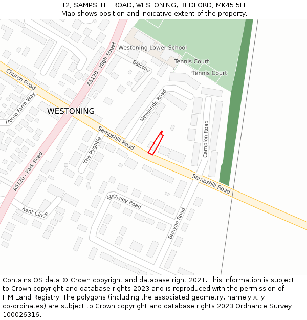 12, SAMPSHILL ROAD, WESTONING, BEDFORD, MK45 5LF: Location map and indicative extent of plot