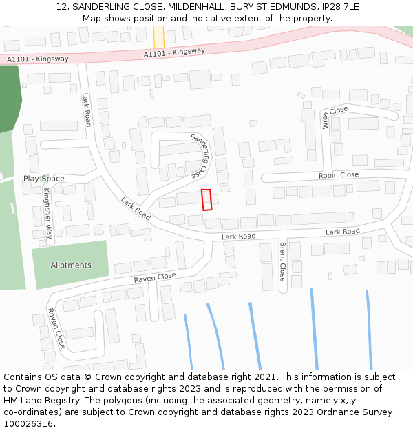 12, SANDERLING CLOSE, MILDENHALL, BURY ST EDMUNDS, IP28 7LE: Location map and indicative extent of plot