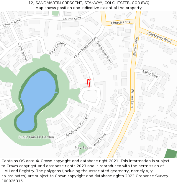 12, SANDMARTIN CRESCENT, STANWAY, COLCHESTER, CO3 8WQ: Location map and indicative extent of plot