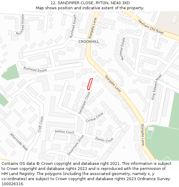 12, SANDPIPER CLOSE, RYTON, NE40 3XD: Location map and indicative extent of plot