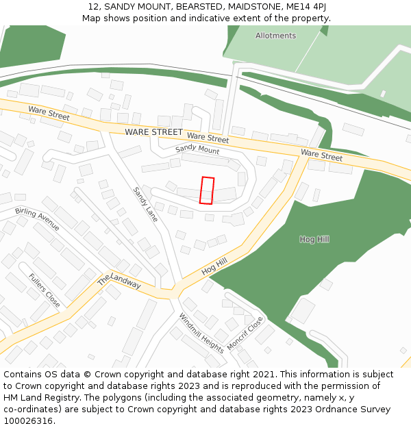 12, SANDY MOUNT, BEARSTED, MAIDSTONE, ME14 4PJ: Location map and indicative extent of plot