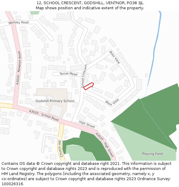 12, SCHOOL CRESCENT, GODSHILL, VENTNOR, PO38 3JL: Location map and indicative extent of plot