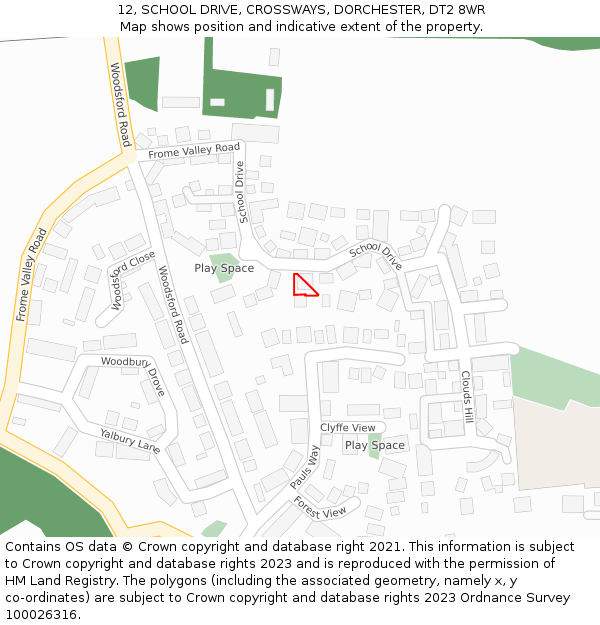 12, SCHOOL DRIVE, CROSSWAYS, DORCHESTER, DT2 8WR: Location map and indicative extent of plot