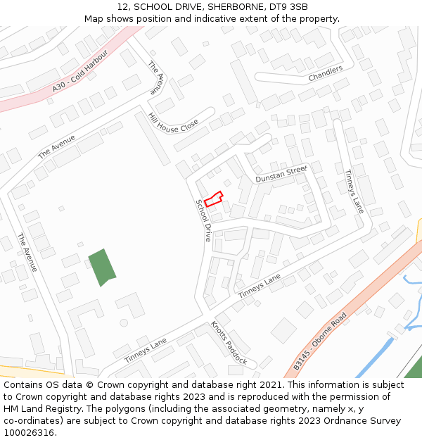 12, SCHOOL DRIVE, SHERBORNE, DT9 3SB: Location map and indicative extent of plot