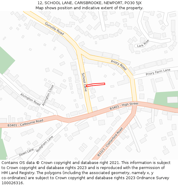 12, SCHOOL LANE, CARISBROOKE, NEWPORT, PO30 5JX: Location map and indicative extent of plot