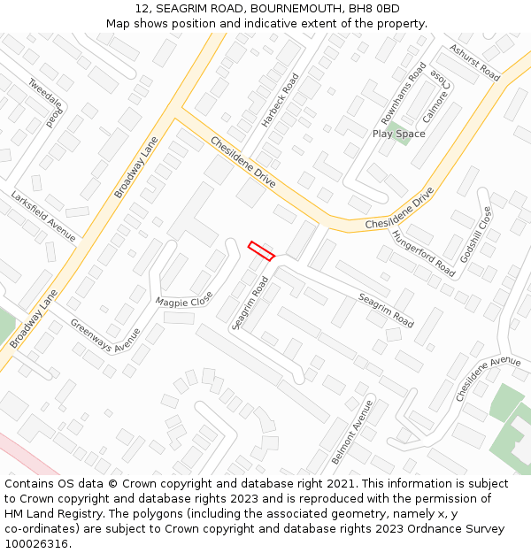 12, SEAGRIM ROAD, BOURNEMOUTH, BH8 0BD: Location map and indicative extent of plot