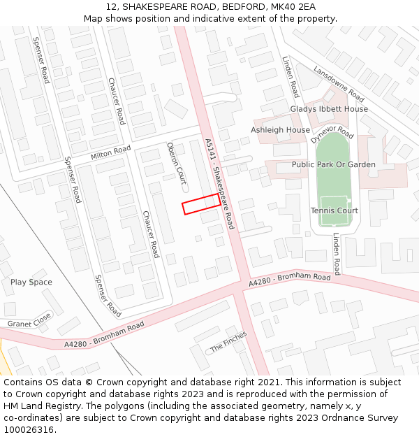 12, SHAKESPEARE ROAD, BEDFORD, MK40 2EA: Location map and indicative extent of plot