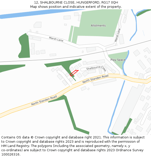 12, SHALBOURNE CLOSE, HUNGERFORD, RG17 0QH: Location map and indicative extent of plot