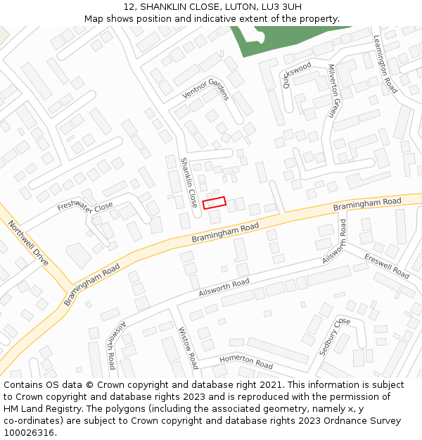 12, SHANKLIN CLOSE, LUTON, LU3 3UH: Location map and indicative extent of plot