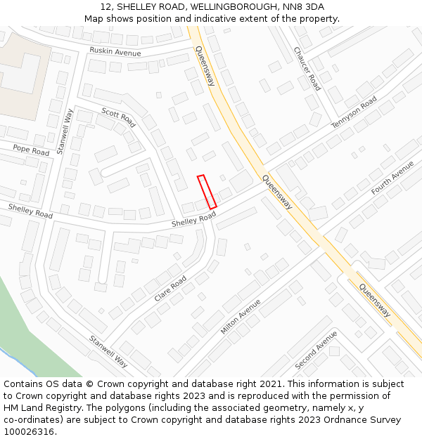 12, SHELLEY ROAD, WELLINGBOROUGH, NN8 3DA: Location map and indicative extent of plot