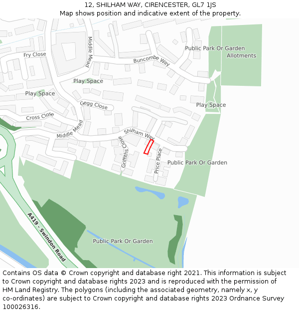 12, SHILHAM WAY, CIRENCESTER, GL7 1JS: Location map and indicative extent of plot