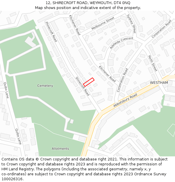 12, SHIRECROFT ROAD, WEYMOUTH, DT4 0NQ: Location map and indicative extent of plot