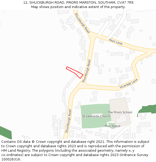 12, SHUCKBURGH ROAD, PRIORS MARSTON, SOUTHAM, CV47 7RS: Location map and indicative extent of plot