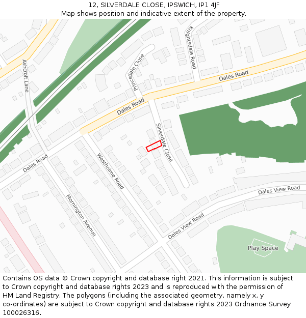 12, SILVERDALE CLOSE, IPSWICH, IP1 4JF: Location map and indicative extent of plot