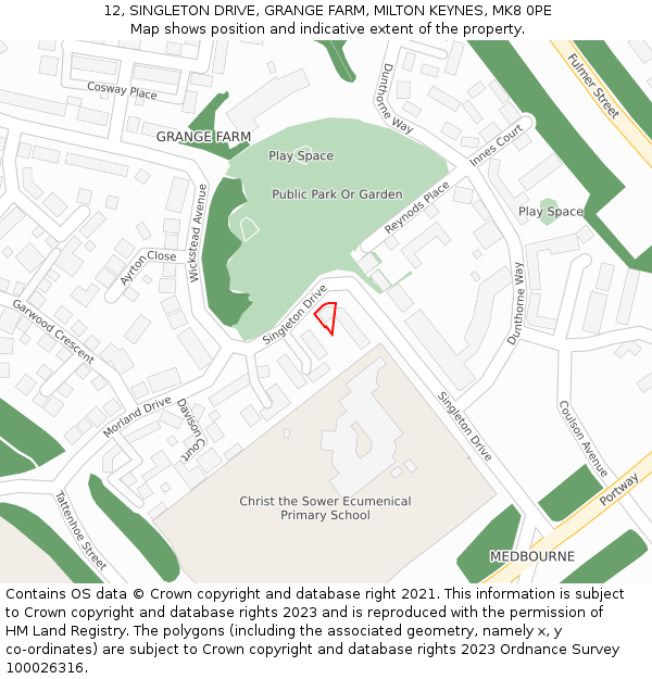 12, SINGLETON DRIVE, GRANGE FARM, MILTON KEYNES, MK8 0PE: Location map and indicative extent of plot