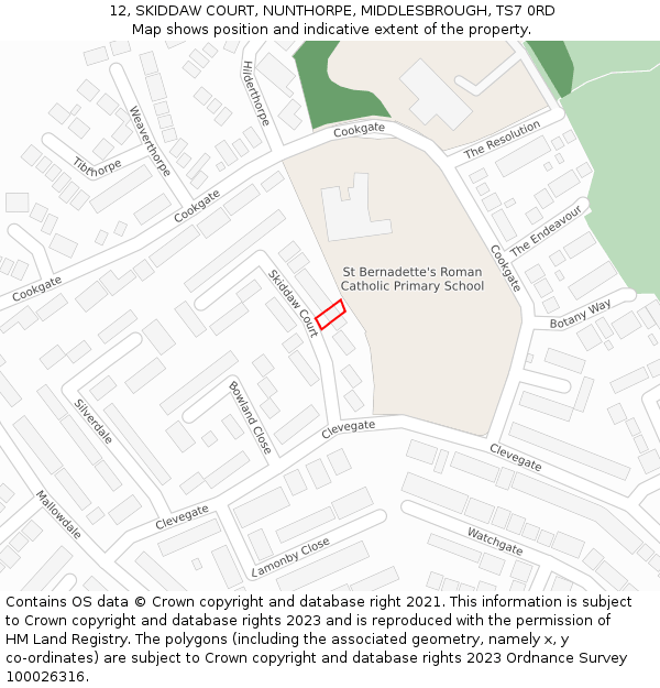 12, SKIDDAW COURT, NUNTHORPE, MIDDLESBROUGH, TS7 0RD: Location map and indicative extent of plot