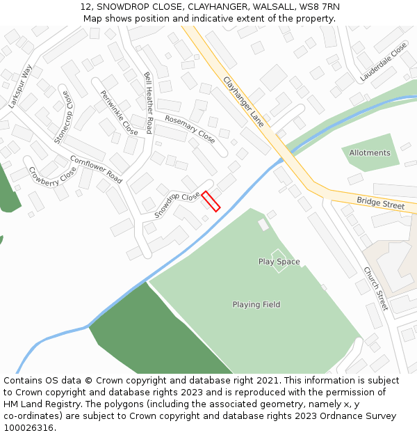 12, SNOWDROP CLOSE, CLAYHANGER, WALSALL, WS8 7RN: Location map and indicative extent of plot
