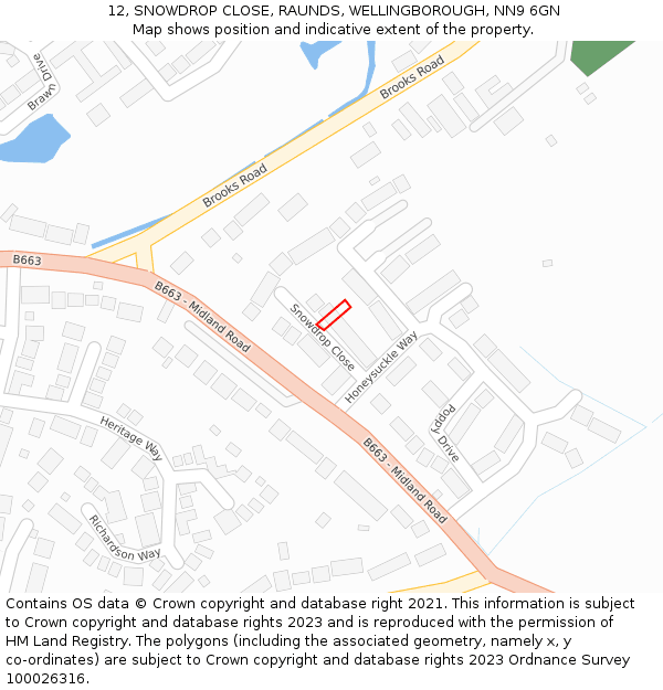 12, SNOWDROP CLOSE, RAUNDS, WELLINGBOROUGH, NN9 6GN: Location map and indicative extent of plot