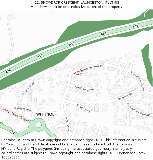 12, SNOWDROP CRESCENT, LAUNCESTON, PL15 9JS: Location map and indicative extent of plot