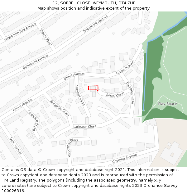 12, SORREL CLOSE, WEYMOUTH, DT4 7UF: Location map and indicative extent of plot