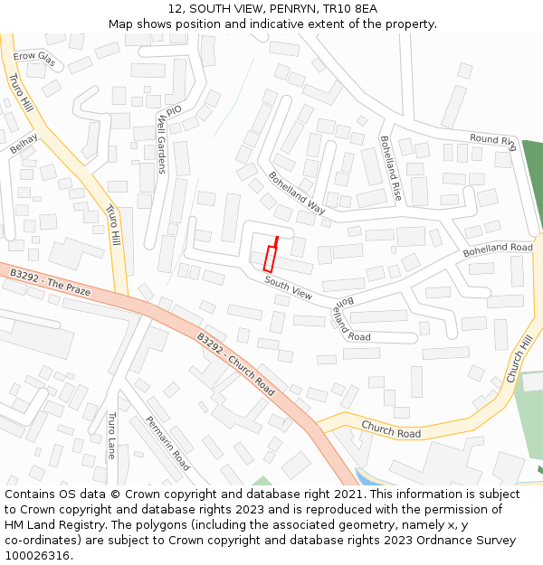 12, SOUTH VIEW, PENRYN, TR10 8EA: Location map and indicative extent of plot