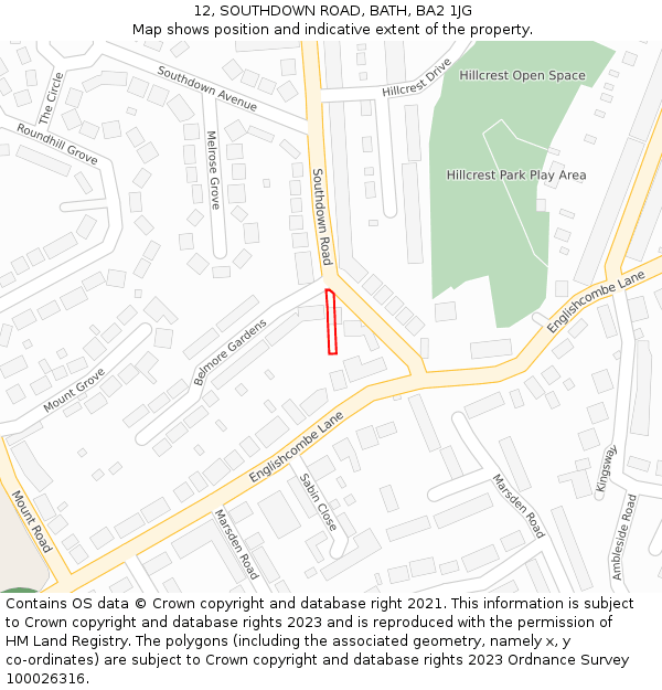 12, SOUTHDOWN ROAD, BATH, BA2 1JG: Location map and indicative extent of plot